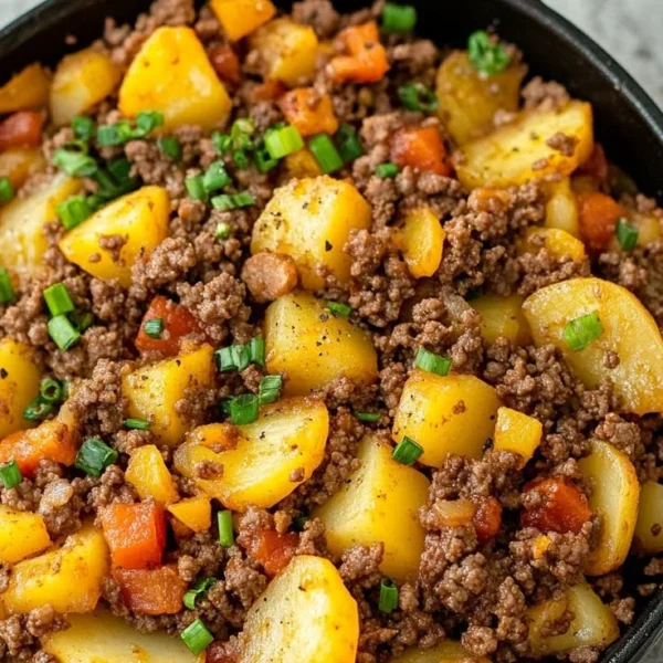 Plate of ground beef and potatoes dish garnished with herbs