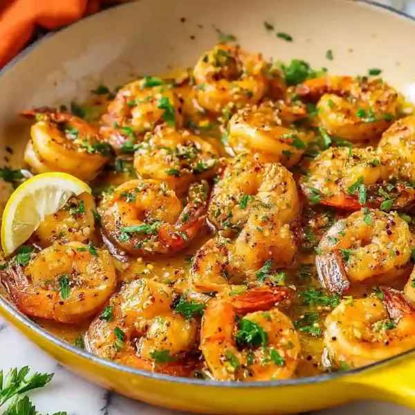 Delicious homemade garlic butter sautéed shrimp served on a plate