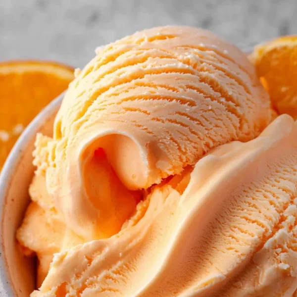 Delicious homemade orange ice cream served in a bowl with a scoop.