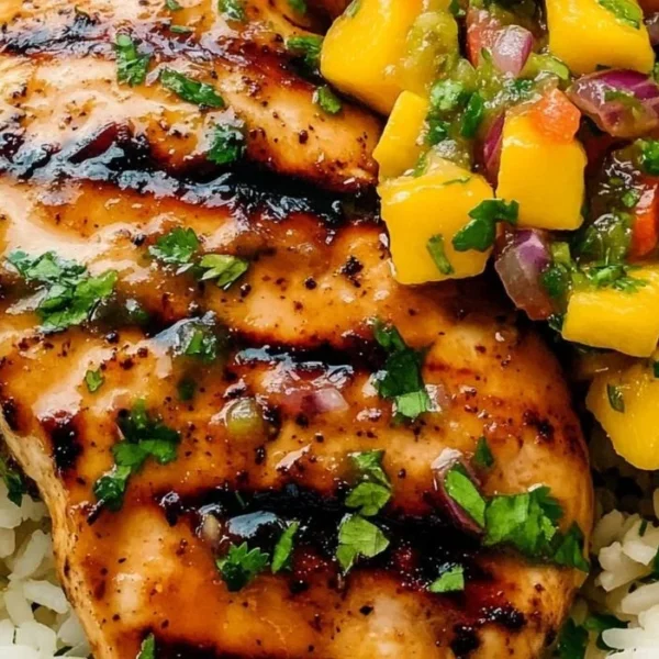 Honey Lime Chicken served with Mango Salsa on a plate