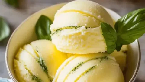 Delicious lemon basil sorbet served in a bowl with fresh basil leaves