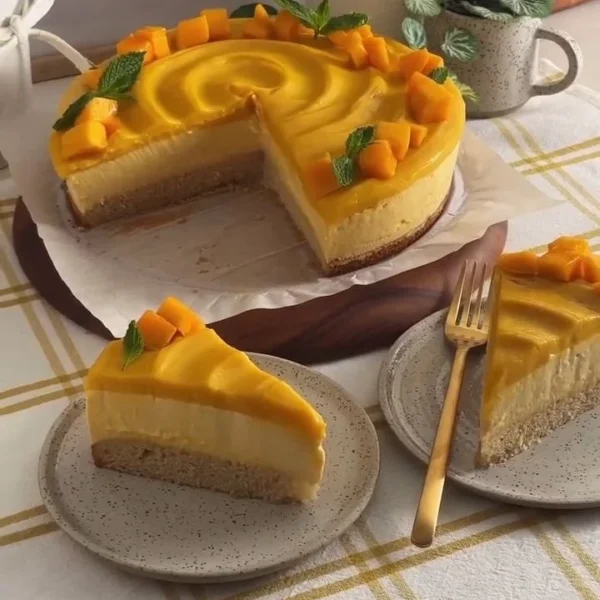 Delicious Mango Mousse Cake with fresh mango topping and whipped cream