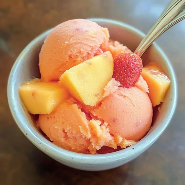 Delicious Mango Strawberry Sorbet served in a bowl with fresh fruits