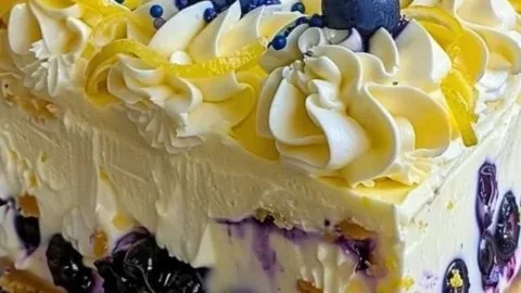 No-Bake Lemon Blueberry Cream Cake with fresh blueberries and lemon zest