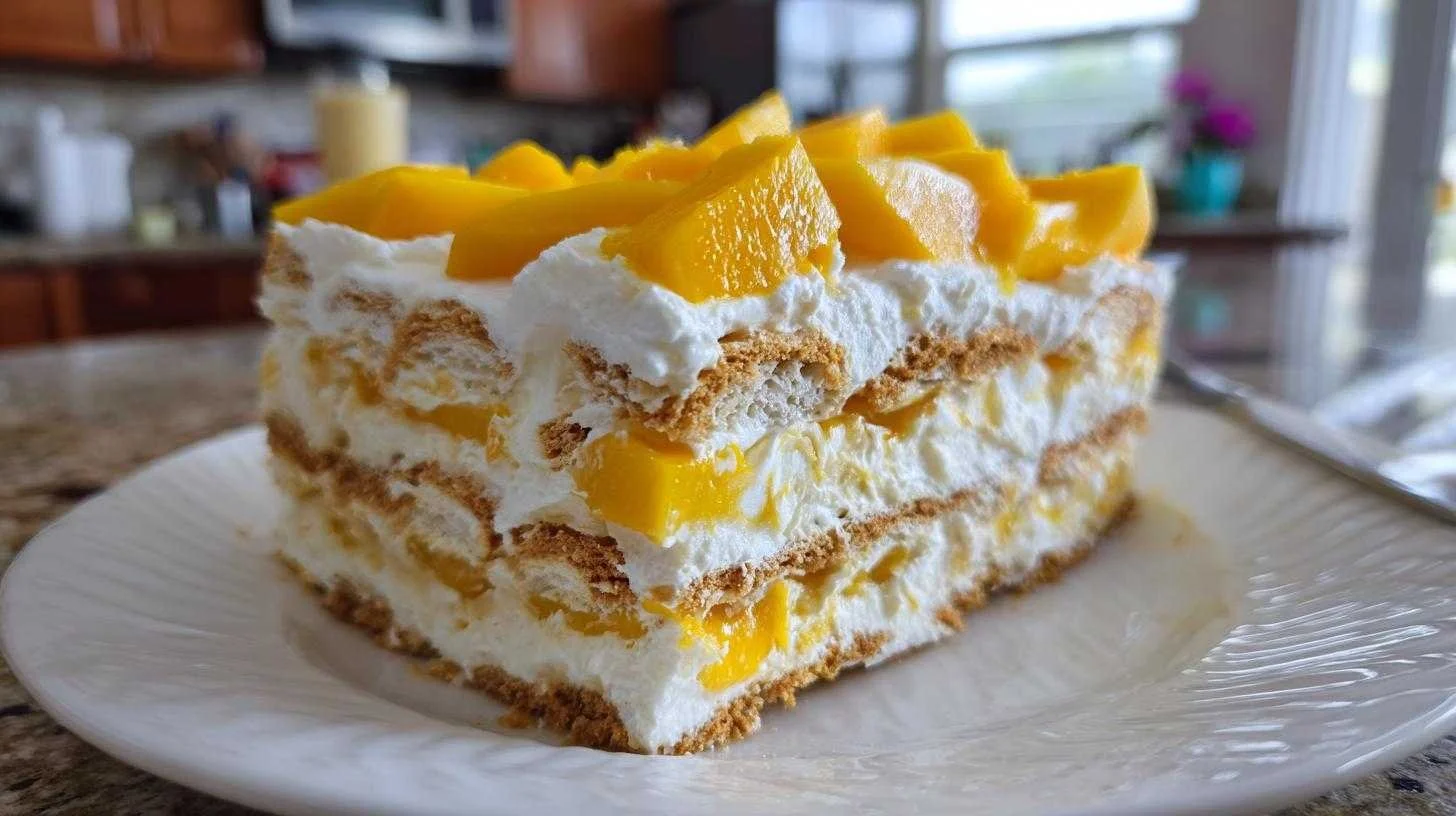 Delicious No-Bake Mango Float dessert with three simple ingredients