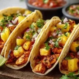 Delicious pineapple chicken tacos served on a plate with fresh toppings
