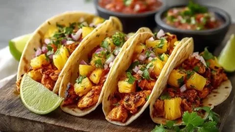 Delicious pineapple chicken tacos served on a plate with fresh toppings