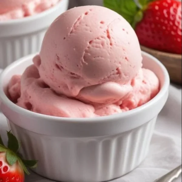 Bowl of quick and easy homemade strawberry ice cream topped with fresh strawberries