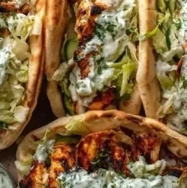 Sheet Pan Chicken Pitas topped with Herby Ranch dressing on a plate.