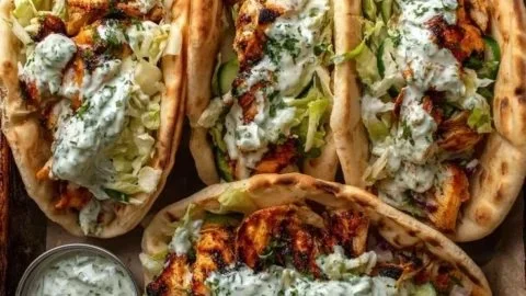 Sheet Pan Chicken Pitas topped with Herby Ranch dressing on a plate.