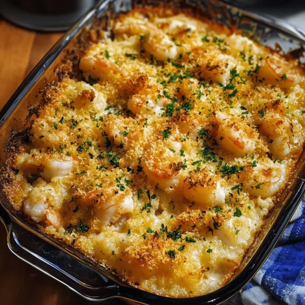 Delicious shrimp casserole served in a baking dish with cheese and breadcrumbs