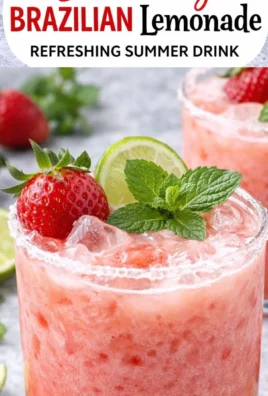 Refreshing Strawberry Brazilian Lemonade in a glass with strawberries and lemon slices.