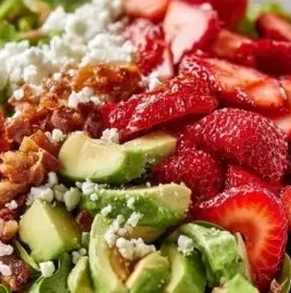 A vibrant strawberry crunch salad with fresh strawberries, lettuce, and crunchy toppings.