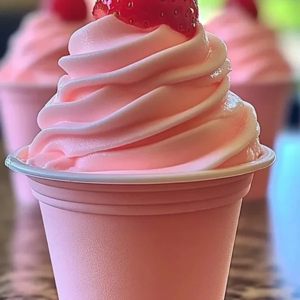 Delicious Strawberry Dole Whip served in a cup.