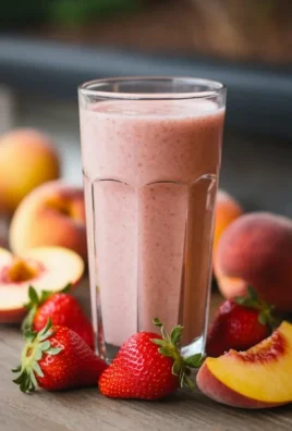 Refreshing strawberry peach smoothie in a glass with fresh fruit