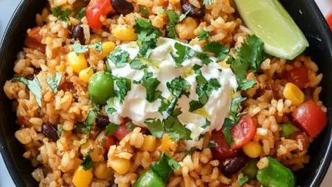 A colorful Taco Rice Bowl featuring seasoned beef, lettuce, tomatoes, and cheese over rice.