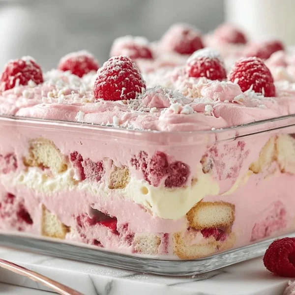 Delicious White Chocolate Raspberry Tiramisu dessert with fresh raspberries and layers.