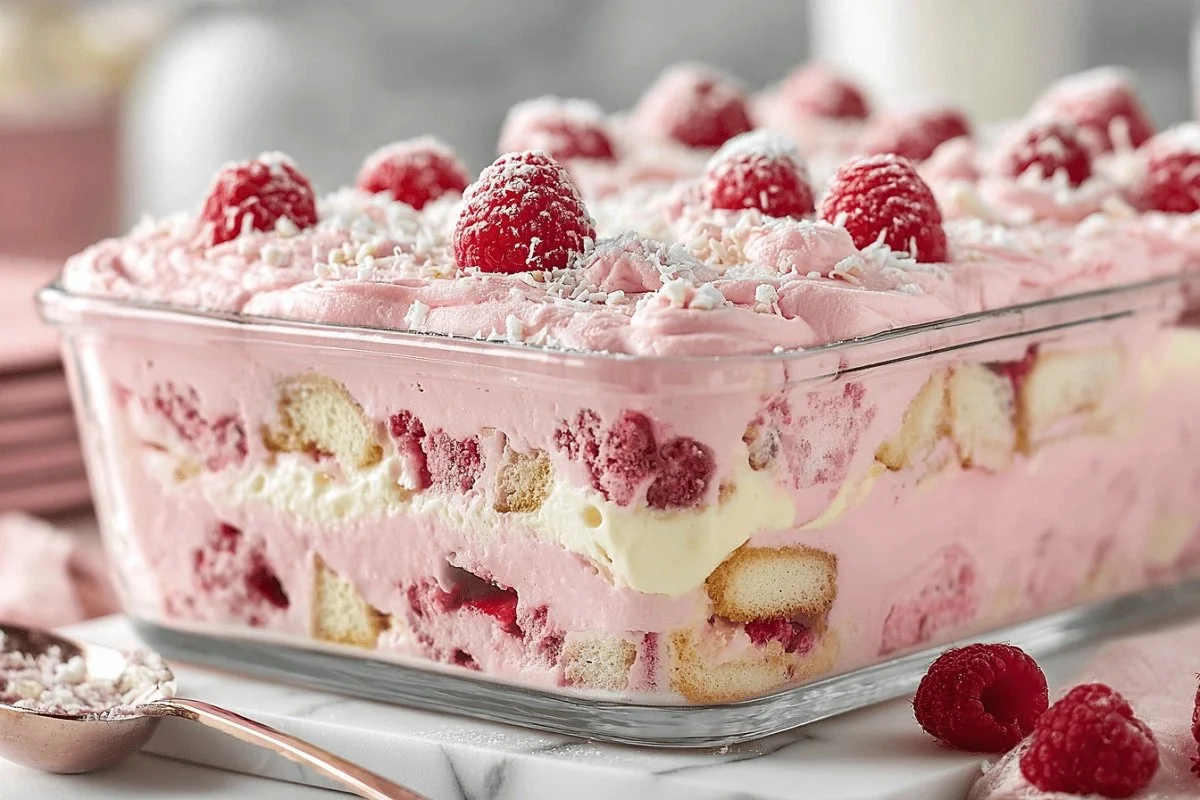 Delicious White Chocolate Raspberry Tiramisu dessert with fresh raspberries and layers.