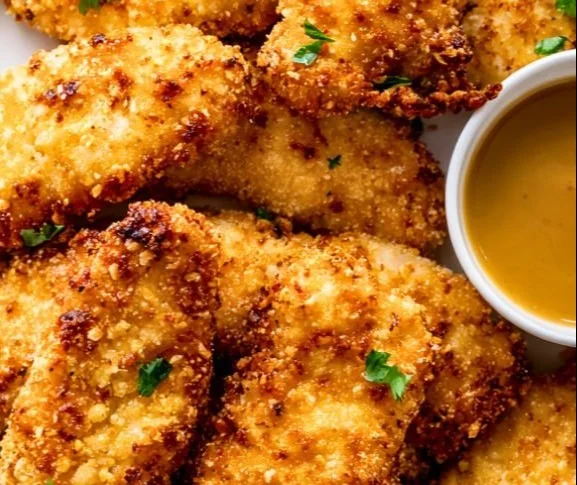 Crispy air fryer chicken tenders served with dipping sauce