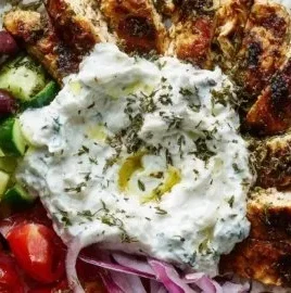 Delicious Chicken Gyro Bowl served with fluffy rice and creamy tzatziki sauce