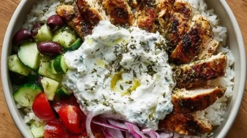 Chicken Gyro Bowls with Fluffy Rice and Creamy Tzatziki
