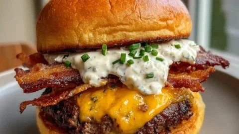 Delicious loaded ranch bacon cheeseburger topped with fresh ingredients