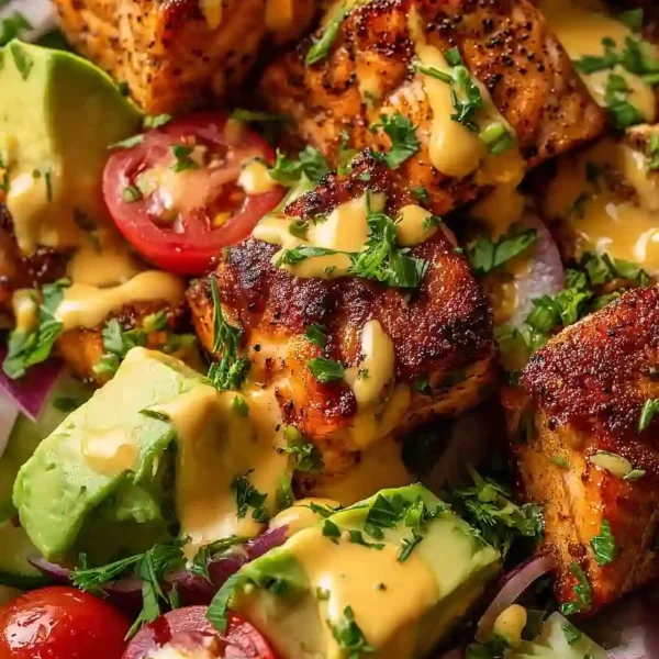 Creamy Bang Bang Salmon Salad with fresh ingredients in a bowl
