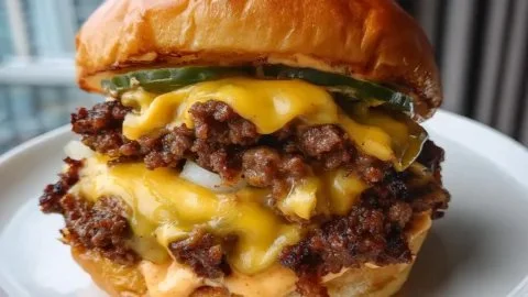 Crispy smash burger with lacy edges and secret sauce on a wooden table