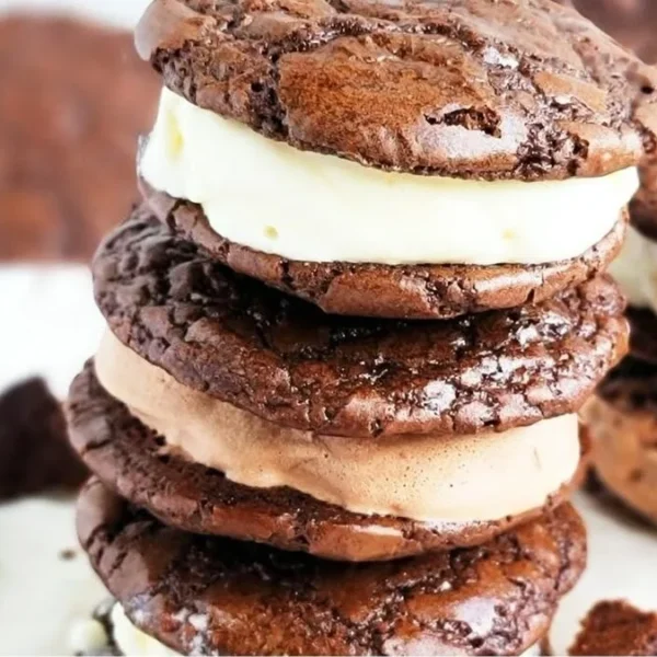 Decadent brownie cookie ice cream sandwiches with chocolate and vanilla flavors