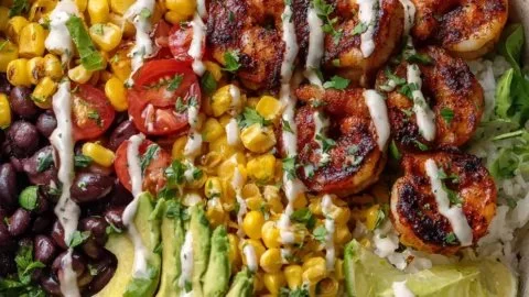 Grilled Shrimp Bowl with Fire-Roasted Corn and Creamy Lime Crema