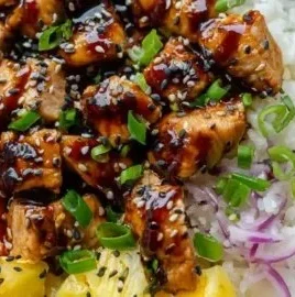Delicious Hawaiian Chicken Bowl featuring glossy teriyaki sauce and fresh pineapple