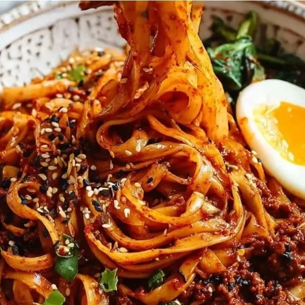 High protein spicy gochujang noodles dish with vibrant colors and toppings.