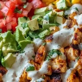 Colorful grilled chicken burrito bowls filled with fresh ingredients and spices