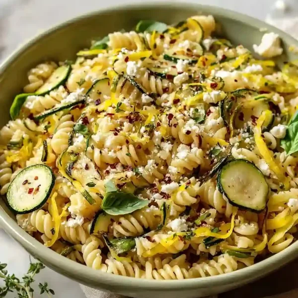 Delicious light summer squash pasta served in a bowl with fresh herbs.