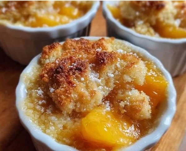 Mini peach cobblers baked to perfection, served in individual cups.
