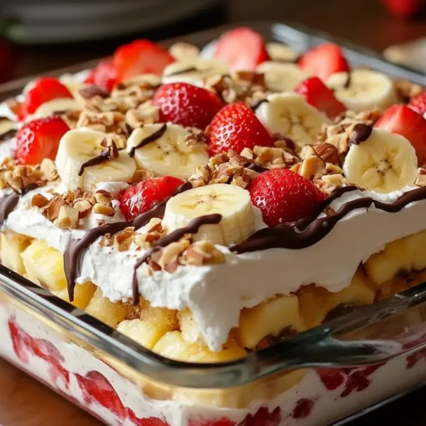 No-bake banana split cake topped with whipped cream and cherries