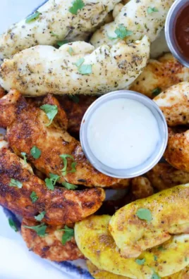 No breading chicken tenders cooked in an air fryer, served on a plate.