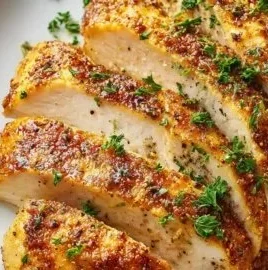 Juicy oven baked chicken breast cooked to golden perfection on a plate.