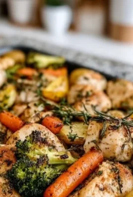 Sheet pan featuring lemon herb chicken and assorted vegetables for a healthy meal.