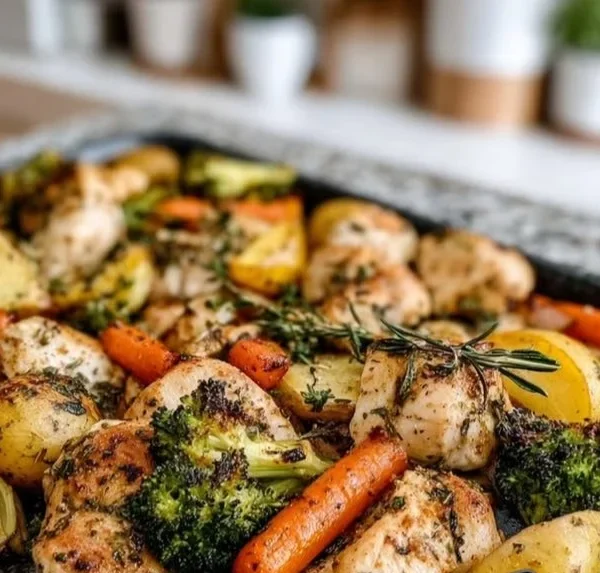 Sheet pan featuring lemon herb chicken and assorted vegetables for a healthy meal.