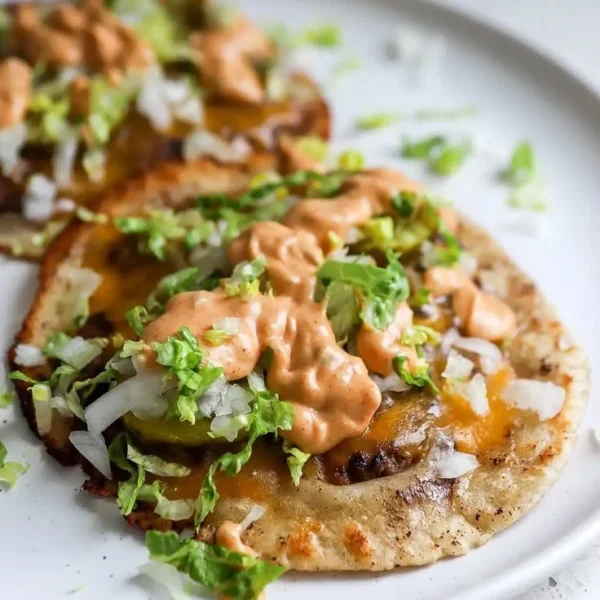Delicious smash burger tacos with fresh toppings on a plate