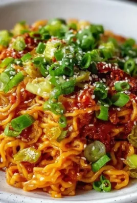 Spicy garlic chilli ribbon noodles served on a plate with fresh herbs