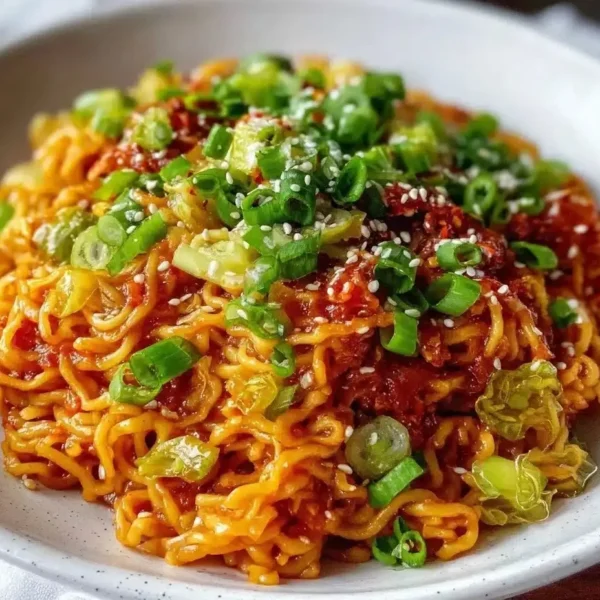 Spicy garlic chilli ribbon noodles served on a plate with fresh herbs
