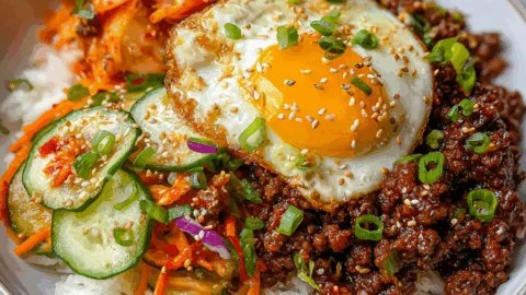 Spicy Korean Ground Beef served with Kimchi Slaw on a plate