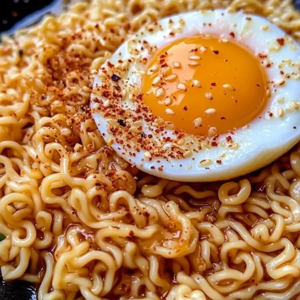 Bowl of sweet and spicy ramen noodles garnished with vegetables and herbs