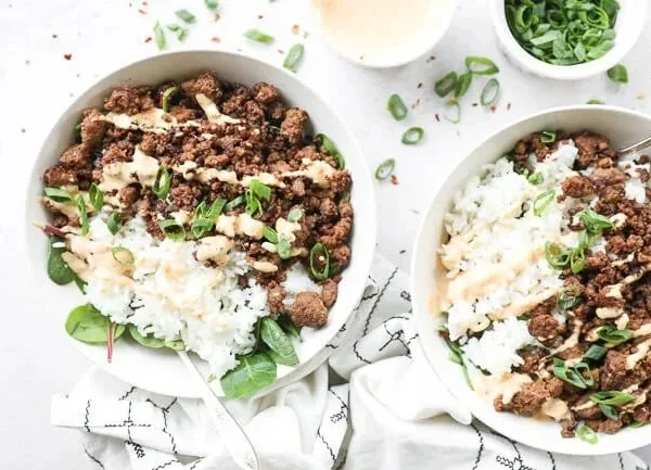 Delicious Korean ground beef bowls topped with crispy caramelized bits.