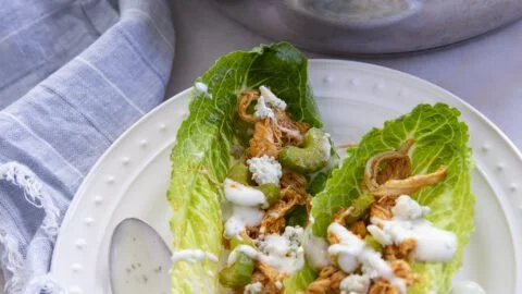 Buffalo chicken lettuce wraps garnished with green onions and served on a plate
