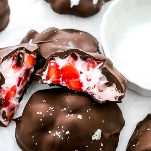 Chocolate strawberry frozen yogurt bites served in a bowl