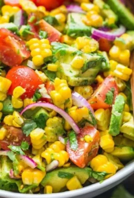 Colorful fresh corn salad with vegetables and dressing
