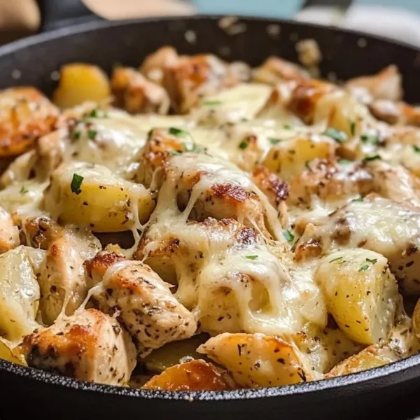 Garlic Parmesan Chicken and Potatoes Skillet dish served in a pan